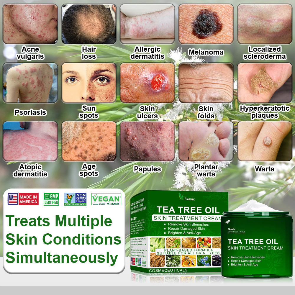 🔥Skavix™  Tea Tree Oil Skin Treatment Cream✅𝐅𝐃𝐀-𝐀𝐏𝐏𝐑𝐎𝐕𝐄𝐃 – Removes Skin Blemishes, Repairs Damaged Skin, Brightens & Anti-Ageing Care